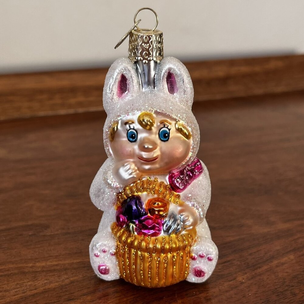 Rare Merck Family's Old World Christmas Easter Bunny Girl Basket Glass Ornament